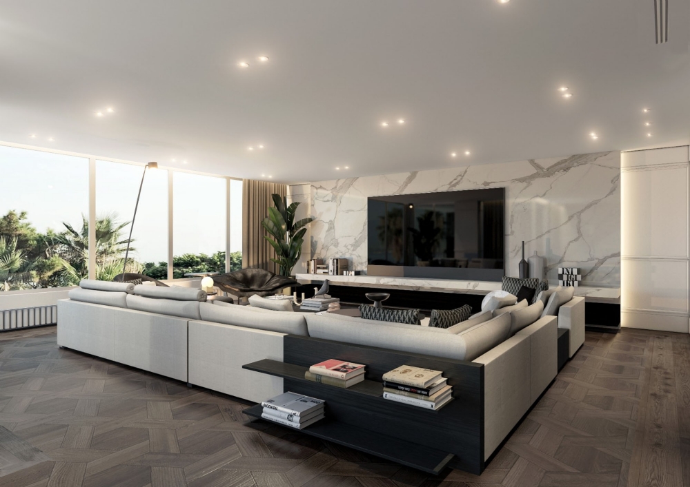 salon yaşam alanı tasarımı iç mimarlık poliform koltuk modern tasarım-kitaplık tasarımı tv ünitesi tasarımı calacatta mermer-minimalist iç mimari tasarım