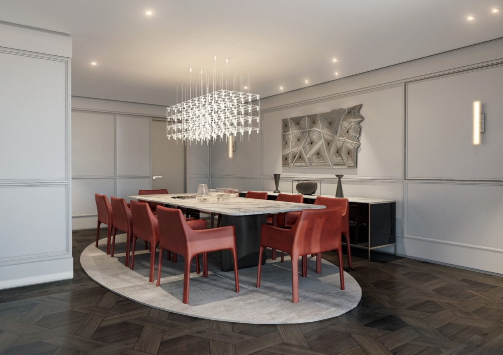 yemek odası tasarımı lüks konut çıta duvar iç mimarlık modern minimalist çağdaş