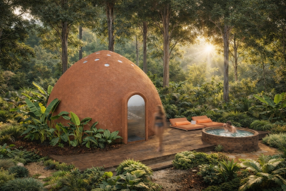 steam room terracotta facade forest hotel design spa wellbeing wellness longevity pool landscape design architecture interior architecture toros and partners 