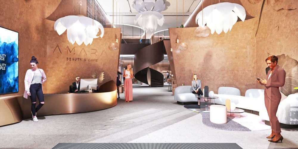 amara-guzellik-salonu-istanbul-ic-mekan-tasarimi-salon-projesi-toros-and-partners-resepsiyon-bankosu-akiskan-form-heykelsi-merdiven-giris-enstalasyon-cagdas-mimari