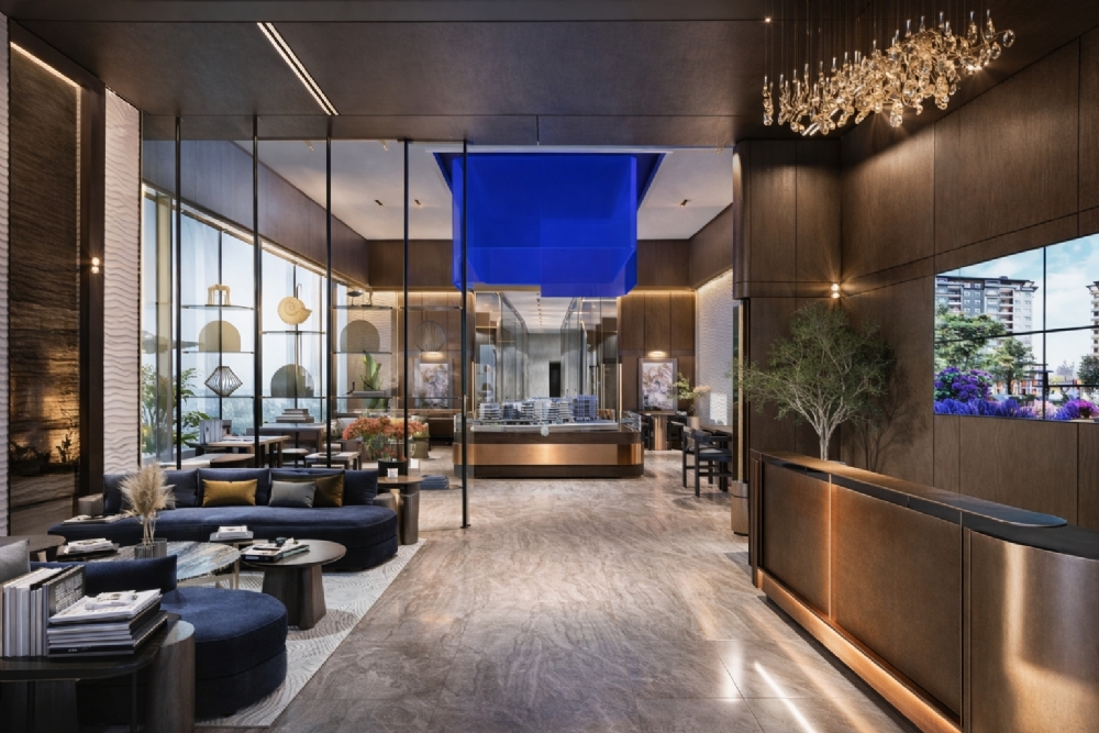 contemporary-sales-gallery-interior-high-ceiling-showroom-custom-lighting-wood-texture-real-estate-gallery-design-toros-and-partners-reception-desk-led-wall-chandelier-lighting-interior-design