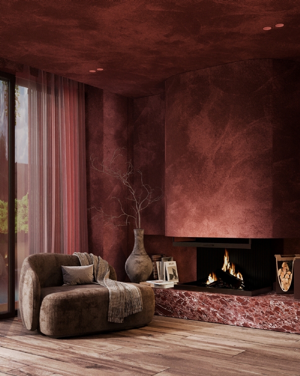 şömine tasarımı bordo oda konsepti 