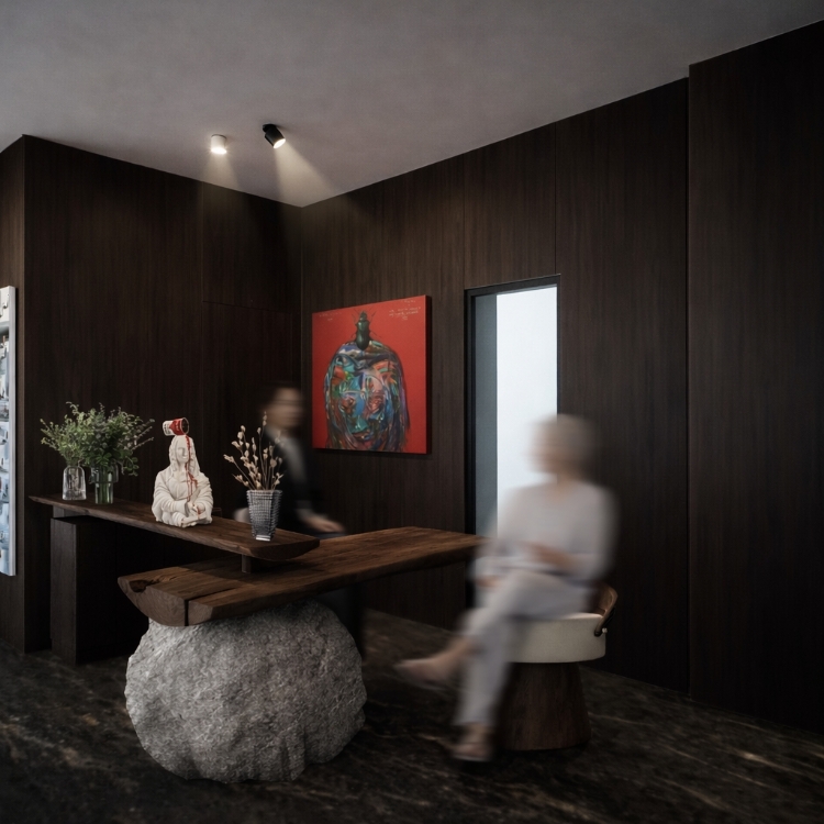 resepsiyon karşılama bankosu tasarımı taş masif ahşap toros and partners mavilu otel bodrum iç mimarlık tasarım mimari otel tasarımı